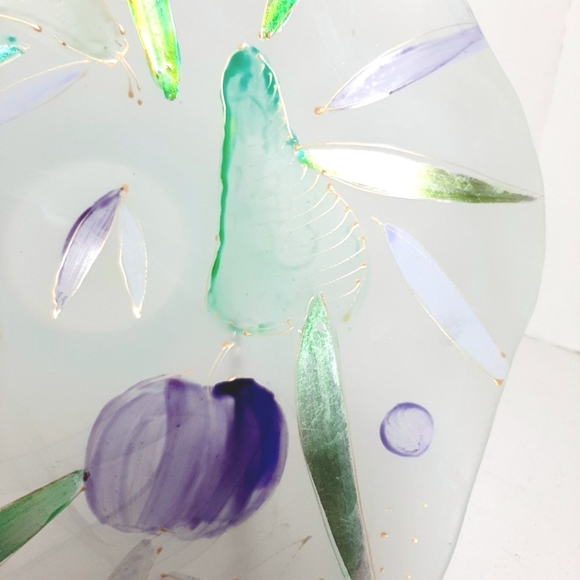 Handpainted Satin Abstract Glass Art Consle Bowl with Green and Purple Accents - Picture 2 of 6